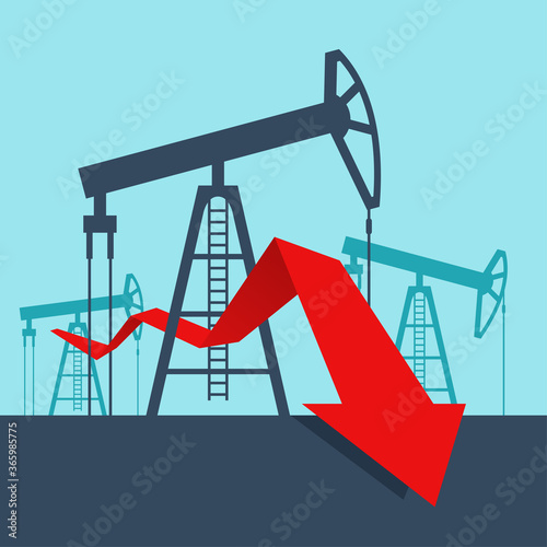Oil production drop in - derrick towers  and arrow down - world energy carriers vector illustration