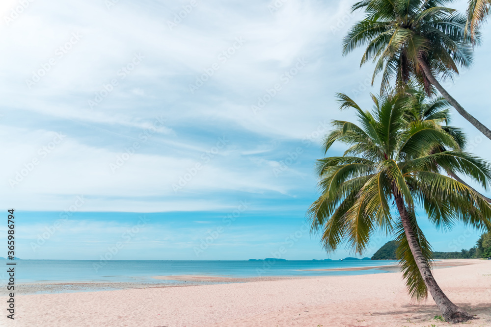 Tropical nature clean beach and white sand in summer with sun light blue sky and bokeh background.