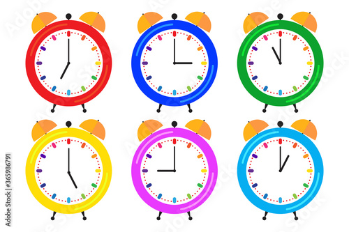 Vector illustration of an alarm clock. Time icon. Timer with a bell. Classic multi-colored watch. Vector image. Stock Photo.