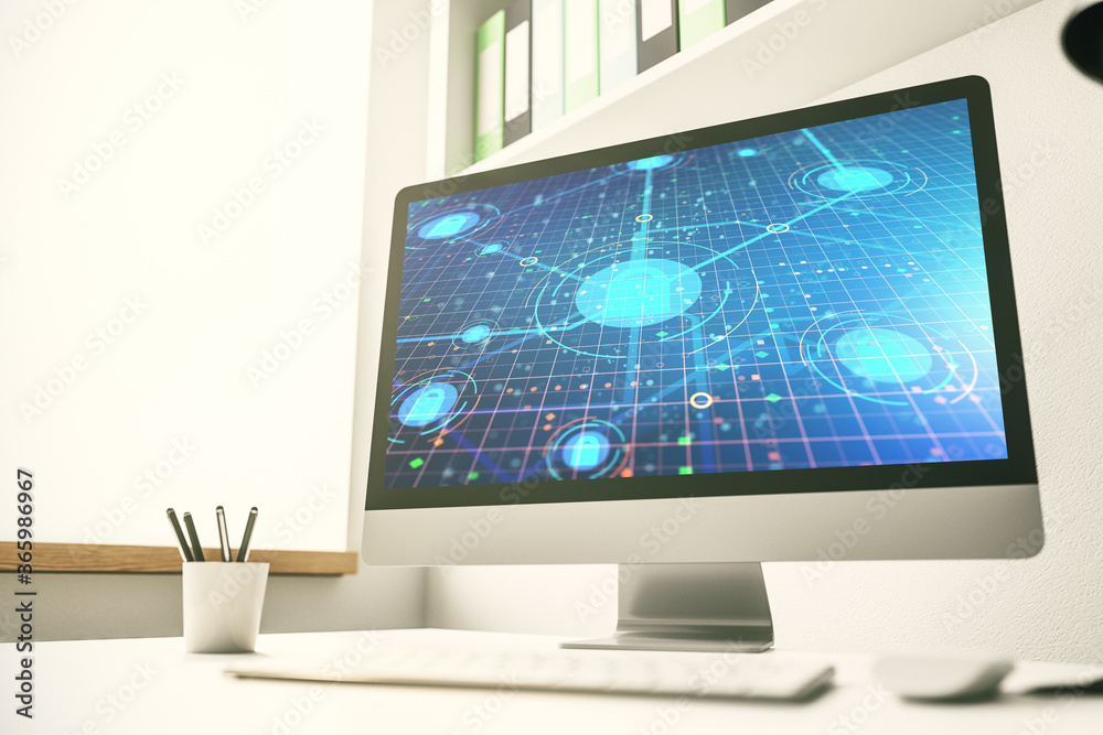 Creative lock sketch with chip hologram on modern computer monitor, protection of personal data concept. 3D Rendering Creative lock sketch with chip hologram on modern computer monitor, protection of personal data concept. 3D Rendering