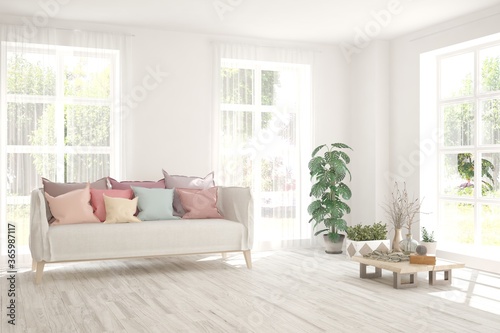 Wallpaper Mural Minimalist living room in white color with sofa and summer landscape in window. Scandinavian interior design. 3D illustration Torontodigital.ca