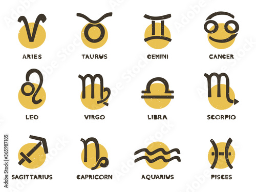 Cute zodiac symbols set. Two-color astrology signs with handwritten names on a transparent background. Can be used for horoscope, predictions, greeting card, birthday party. Vector shabby hand drawn i