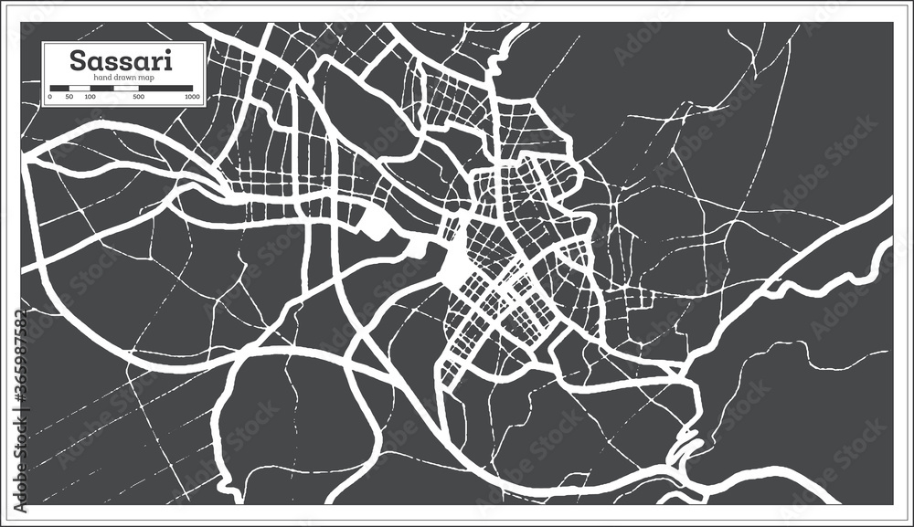 Fototapeta premium Sassari Italy City Map in Black and White Color in Retro Style. Outline Map.
