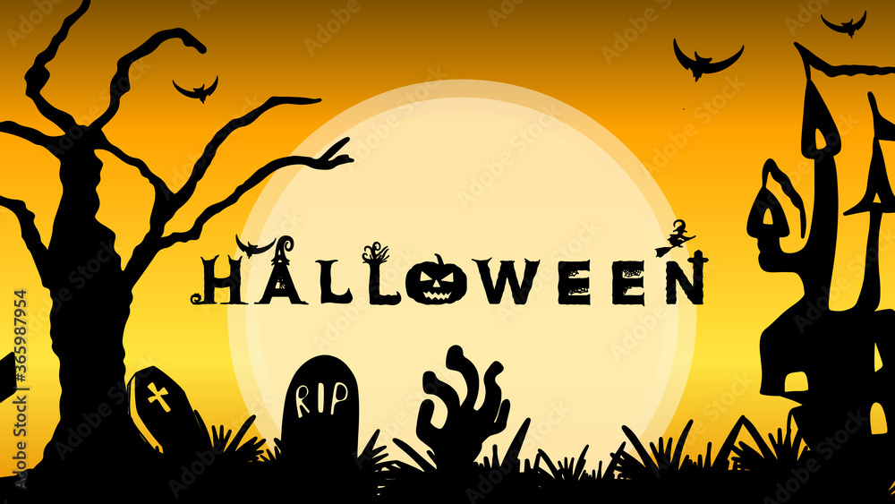 Happy Halloween day on orange background  with big Moon, vector illustration EPS 10