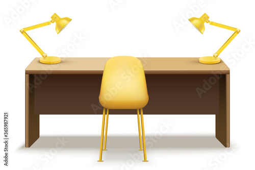 Wooden table desk with lamps for office and home Workplace. Vector Illustration isolated on white background.