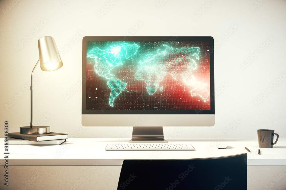 Abstract graphic world map on modern laptop screen, connection and communication concept. 3D Rendering Abstract graphic world map on modern laptop screen, connection and communication concept. 3D Rendering