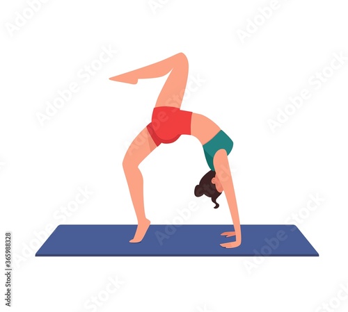 The young girl goes in for sports on the mat. A slender woman bends and raises her leg. Workout isolated on white, flat style. Vector illustration of gymnastics.