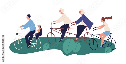 Active grandparents ride tandem bicycle with their children, grandchildren outdoors. Happy family spend time in park cycling, retirement. Flat vector cartoon illustration isolated on white background