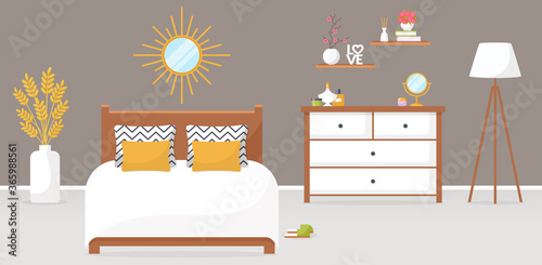 Bedroom interior. Vector horizontal banner.