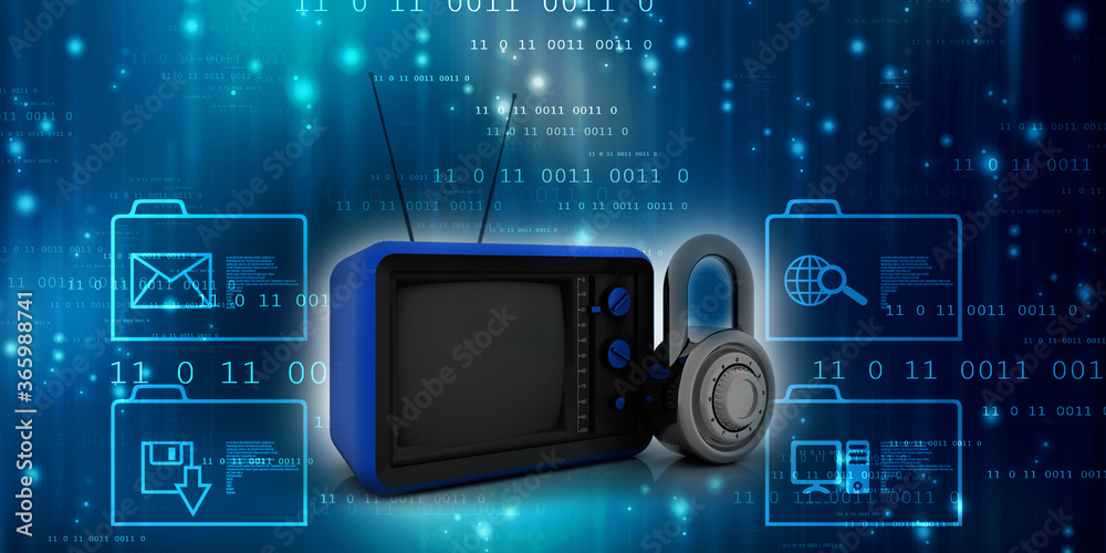 3d rendering old Retro television protection lock