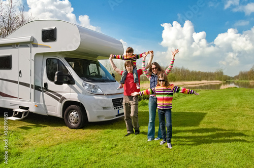 Murais de parede Family vacation, RV travel with kids, happy parents with children have fun on ho