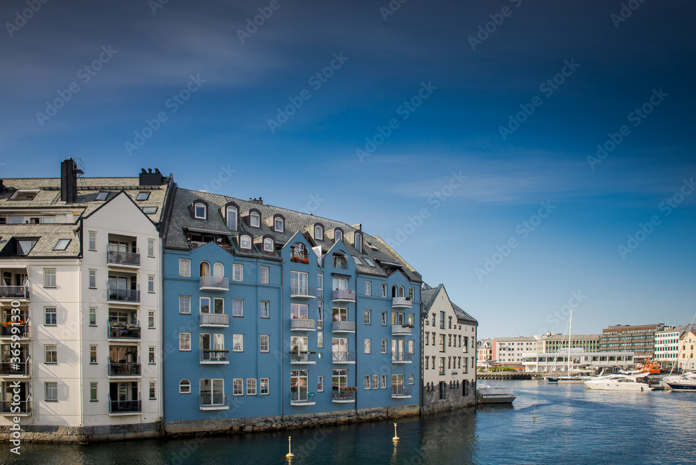 Alesund. Norwegian port city. Northern Europe. Streets and houses on the water