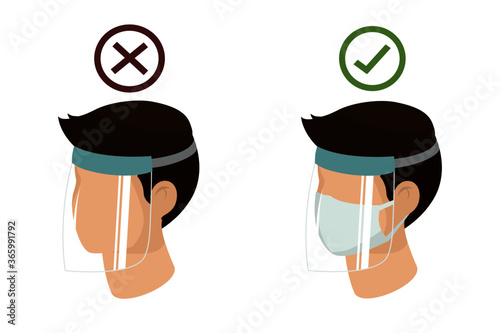 Man wear protective medical facial mask with face shield cartoon isometric design icon vector illustration. Infectious control and prevent corona virus, covid-19 pandemic concept.