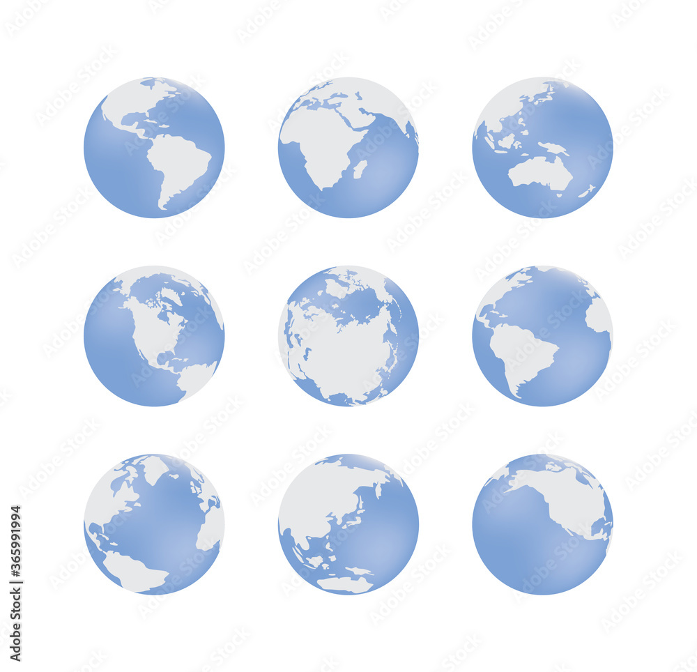 Set of Earth globe blue signs in various angles vector illustration isolated.