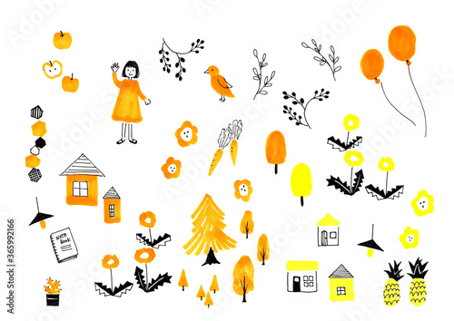 オレンジと黄色 雑貨や家 花の手書きイラスト 風船 小鳥 森 林 Stock Illustration Adobe Stock