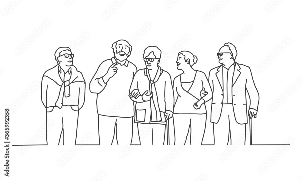 Old people standing together. Line drawing vector illustration. Old people standing together. Line drawing vector illustration.