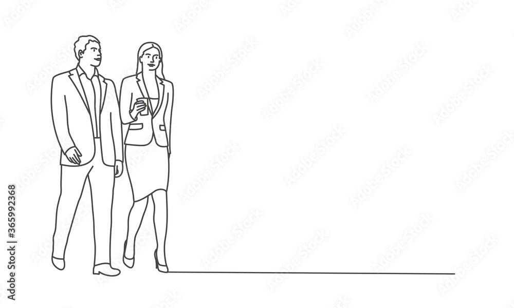 Walking business couple. Man and woman. Line drawing vector illustration.
