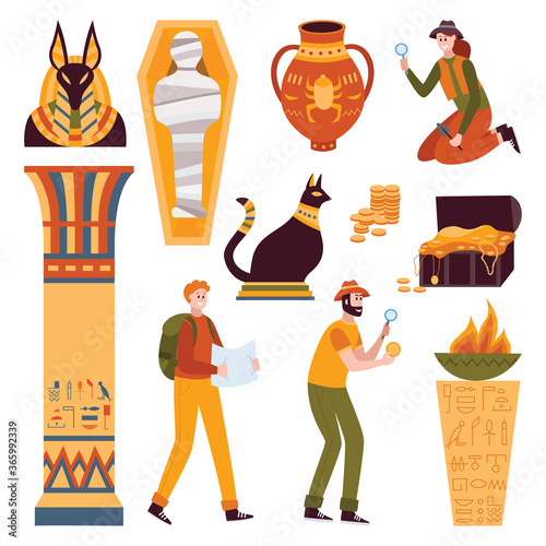 Vector set of Egyptian symbols and characters of people studying ancient Egypt.