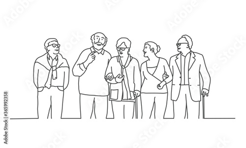 Old people standing together. Line drawing vector illustration.