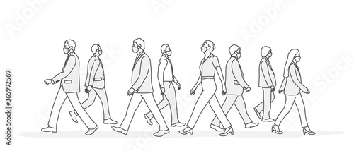 Walking people in protective masks. Crowd of people. Line drawing vector illustration.