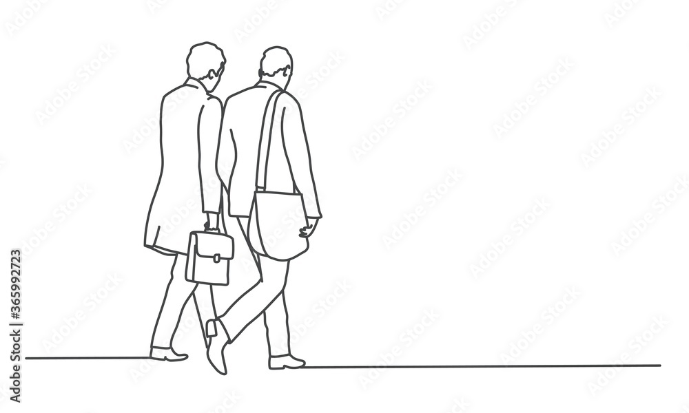 Walking business people. Rear view. Line drawing vector illustration. Walking business people. Rear view. Line drawing vector illustration.