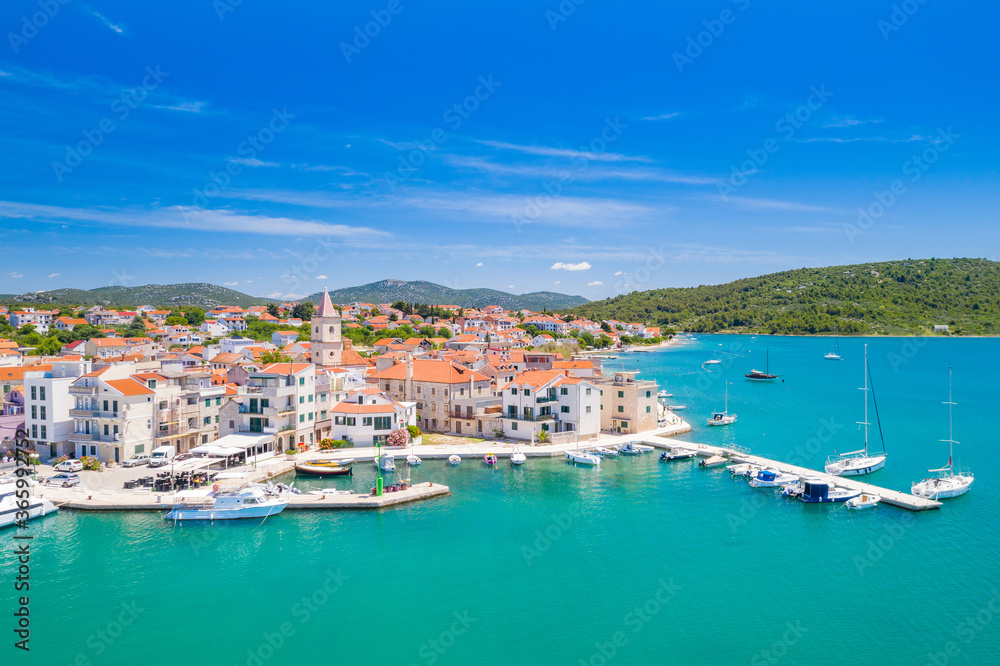 Croatia, Adriatic coastline, coastal town of Pirovac, waterfront view from drone