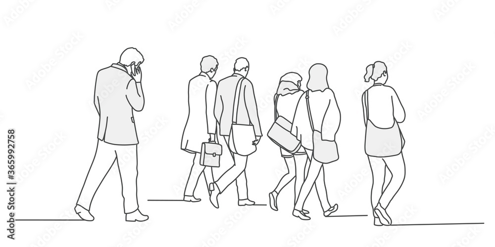 Walking crowd of people. Rear view. Line drawing vector illustration. Walking crowd of people. Rear view. Line drawing vector illustration.