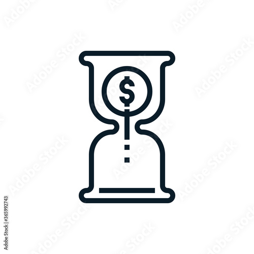 Money in sandglass, time management, time is money outline icons. Vector illustration. Editable stroke. Isolated icon suitable for web, infographics, interface and apps.