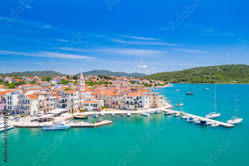 Fototapeta Naklejka Na Ścianę i Meble -  Croatia, Adriatic coastline, coastal town of Pirovac, waterfront view from drone
