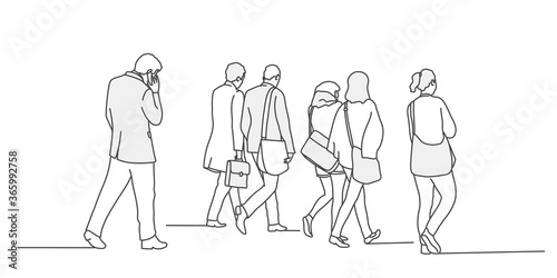 Walking crowd of people. Rear view. Line drawing vector illustration.