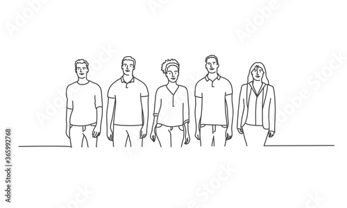 Diverse group of standing people. Line drawing vector illustration.
