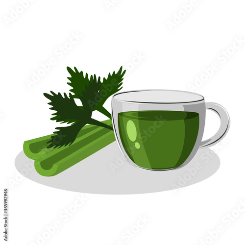 Glass cup of fresh green celery smoothie juice tea isolated on white. Vector illustration.