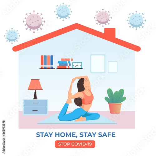 Stay at Home Illustration Concept. Girl Character doing yoga. self isolation during covid-19 pandemic.