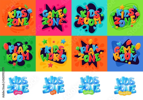 Kids Zone banners set for children playground area, cartoon vector illustration.