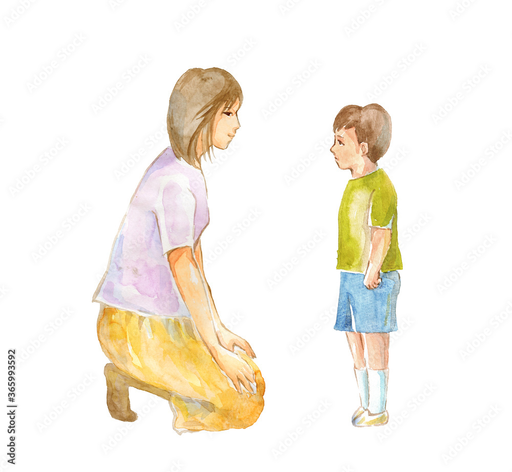 syagamu しゃがむ女性と子ども水彩画 Stock Illustration | Adobe Stock