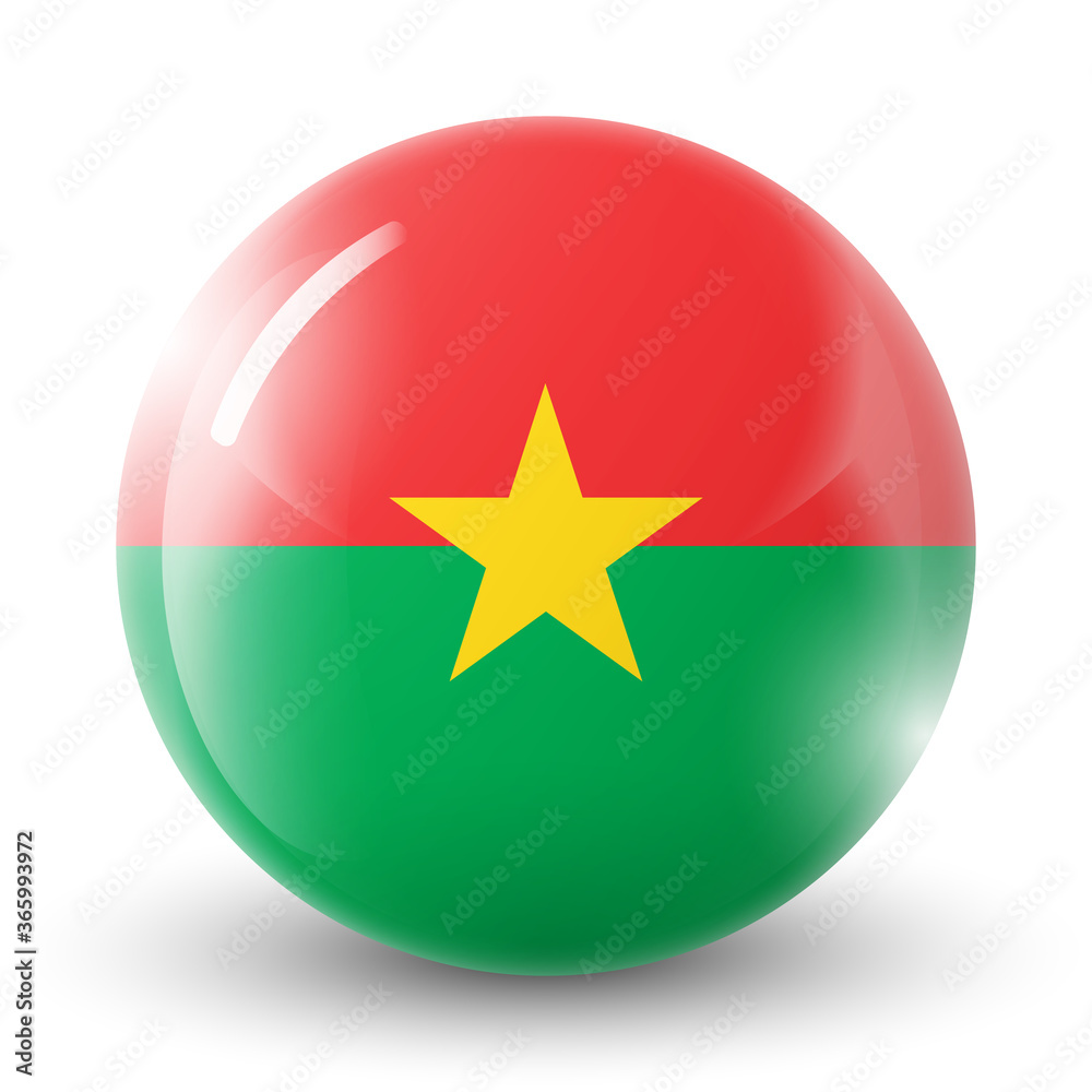 Glass light ball with flag of Burkina Faso. Round sphere, template icon. National symbol. Glossy realistic ball, 3D abstract vector illustration highlighted on a white background. Big bubble. Glass light ball with flag of Burkina Faso. Round sphere, template icon. National symbol. Glossy realistic ball, 3D abstract vector illustration highlighted on a white background. Big bubble.