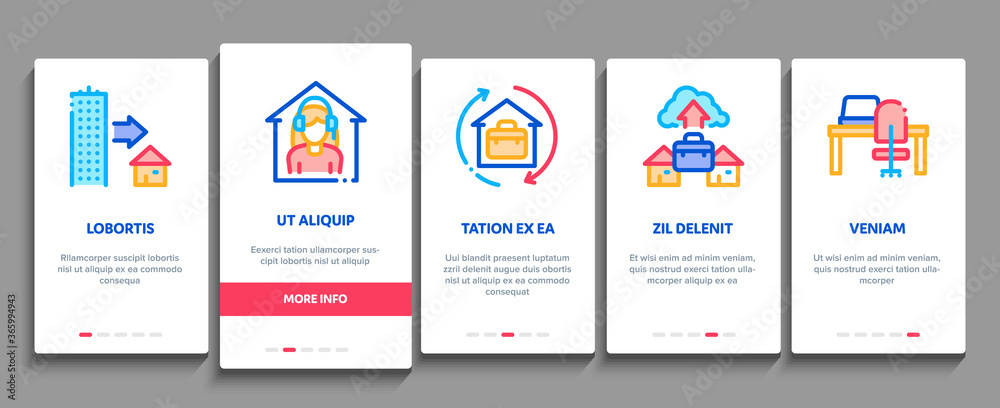 Remote Work Freelance Onboarding Mobile App Page Screen Vector. Work At Home, Internet Job And Online Consultation Operator, Teleworking And Conference Illustrations
