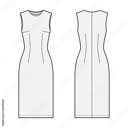 Sheath dress technical fashion illustration with fitted body, oval neck, sleeveless, pencil fullness, knee length. Flat apparel template front, back, grey color. Women, men unisex CAD mockup