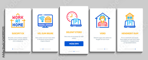 Remote Work Freelance Onboarding Mobile App Page Screen Vector. Work At Home, Internet Job And Online Consultation Operator, Teleworking And Conference Illustrations