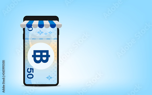 money 50 baht banknote thai in smartphone screen, bank note money thailand THB on smart phone screen, mobile phone for currency wallet, paper money in smartphone, online shopping concept, copy space