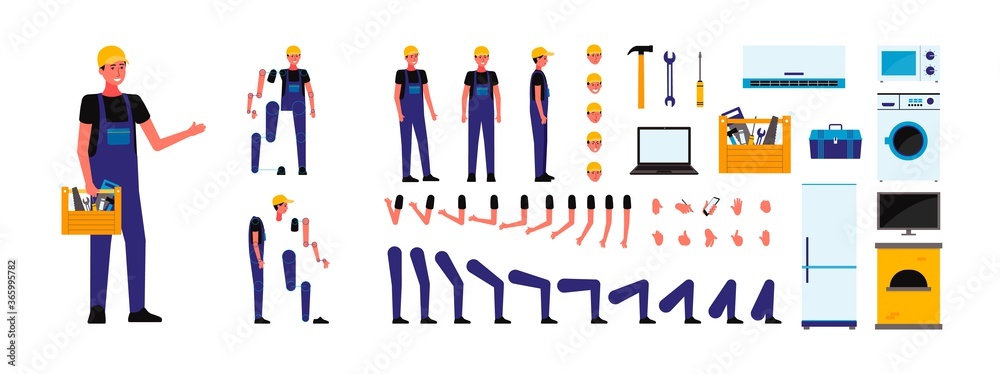 Cartoon character animation kit of repairman flat vector illustration isolated. Cartoon character animation kit of repairman flat vector illustration isolated.