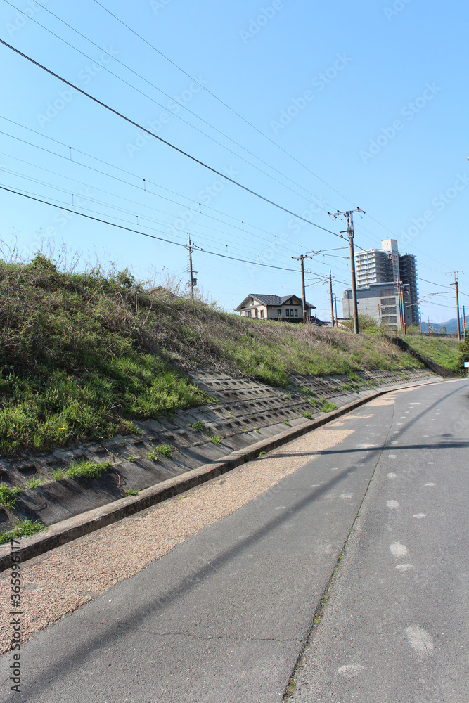 Landscape with house and the paddy fields along the way to Torokko Platform in Kyoto, Japan