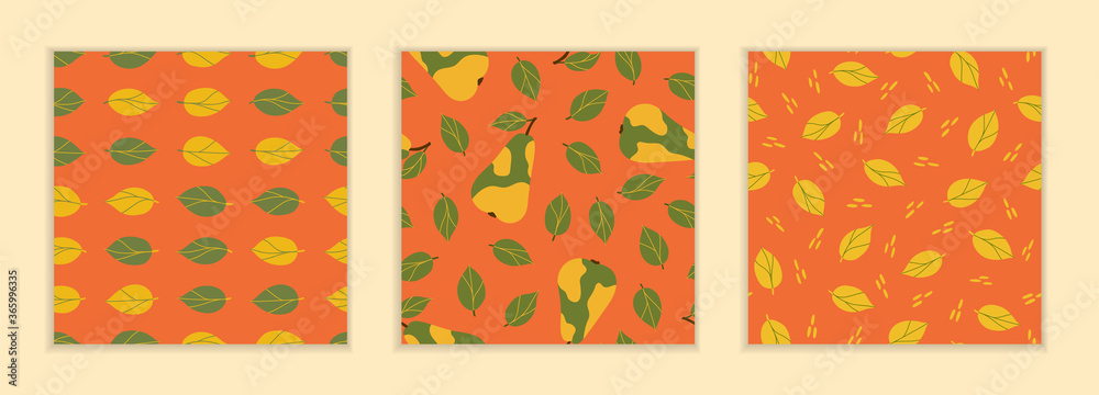 Delicious whole pears. Yellow and green leaves. Set of seamless patterns on an orange background. Three drawn patterns in flat style. Summer, spring, autumn seasons.