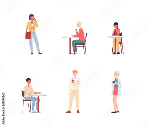 Vector set of characters of modern people who drink coffee.