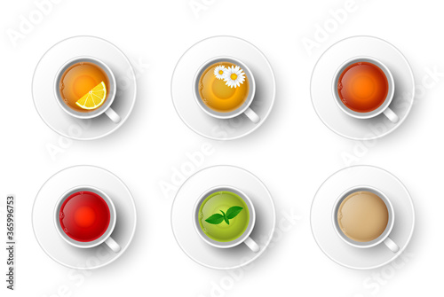 Realistic 3d cup of hot aromatic beverage set. A teacup with green, black, herbal chamomile tea, rooibos red tea, tea with lemon, mint, Masala tea with milk, coffee top view. Vector illustration