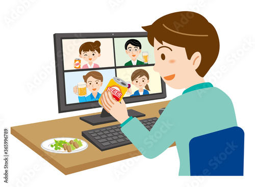 パソコンでオンライン飲み会に参加する男性のイラスト/白背景
