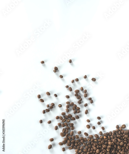 coffee beans roasted on white background from top view. 
