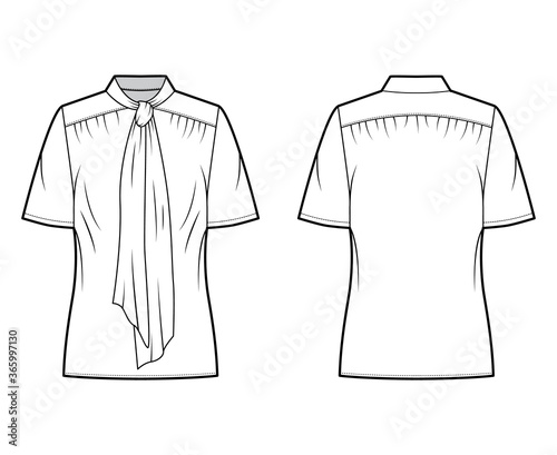 Pussy-bow blouse technical fashion illustration with oversized body, loose fit, short sleeves. Flat apparel template front, back, white color. Women, men and unisex mockup CAD for designer
