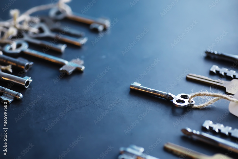 Fototapeta premium Set of vintage keys for a lock. Retro keys on a dark stone background. The concept of choosing the path to achieve the goal.