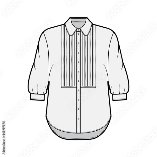 Shirt technical fashion illustration with bib, button down front opening, round collar, elbow sleeves with cuff, oversized body. Flat apparel template front grey color. Women, men unisex CAD mockup